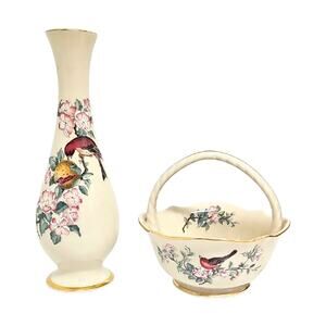 Lenox Serenade Floral Bird Bud Vase and Basket Set w/24K Gold Trim Made in USA